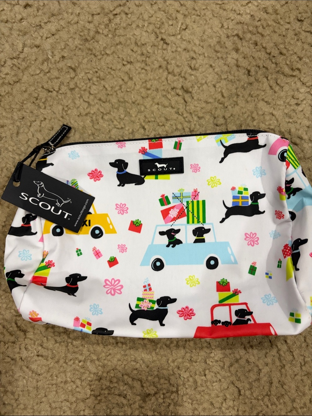 Scout White Dachshund Print Cosmetic Pouch with Colorful Accents